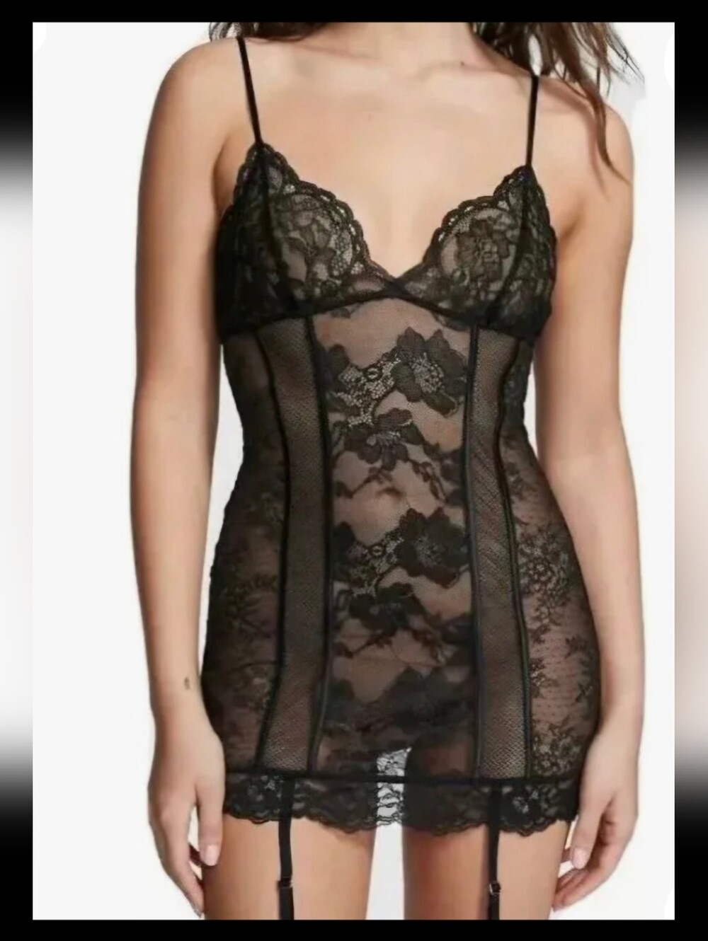 Victoria's Secret Triangle Lace Up Garter Slip Black Lingerie Size Large